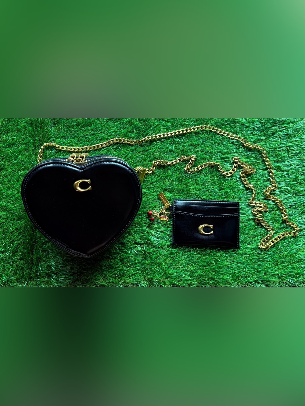Coach Black Heart Crossbody & Matching Card Holder with Gold Hardware